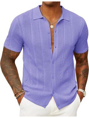 Men's Light Purple Short Sleeve Knit Button Down Casual Textured Polo Shirt